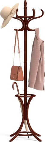 Tangkula Coat Rack with Umbrella Holder, 73 Inch Freestanding Coat Hanger Stand with 12 Hooks, Wooden Entryway Coat Tree for Clothes, Bags, Hats, Scarves, Living Room, Bedroom, Hallway (Reddish Brown) - Image 2