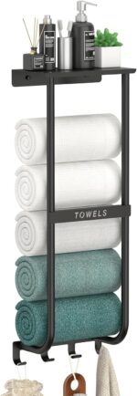 Towel Rack for Bathroom, Black Metal Wall Mounted Towel Holder with Shelf and 4 Hooks, Bathroom Towel Storage Organizer - Image 2