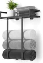 Towel Racks for Bathroom Wall Mounted, Xstydes Metal Towel Holder with Wooden Shelf for Folding Large Towels, Towel Storage for Small Bathroom Organizer Decor or RV Camping, Black - Image 2