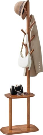 VASAGLE Coat Rack, Free Standing Coat Stand, Hall Coat Tree with 8 Hooks and Storage Shelf, 67.2 Inch Tall, for Coats, Hats, Bags, for Entryway, Hallway, Bedroom, Caramel Brown URCR040K01 - Image 2