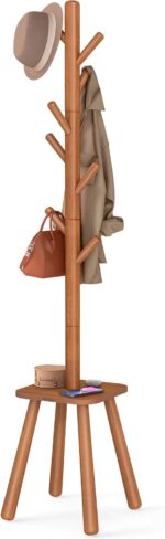 VASAGLE Coat Rack, Free Standing Coat Stand, Hall Coat Tree with 8 Hooks and Storage Shelf, 69.2 Inch Tall, for Coats, Hats, Bags, for Entryway, Hallway, Bedroom, Caramel Brown URCR033K01 - Image 2