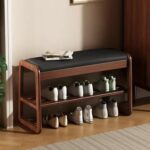 Wooden Shoe Storage Bench with Padded Top Cushion, Two-Tier Wooden Shoe Rack, Suitable for Bedrooms and Living Rooms, Black Walnut(31.5'') - Image 2