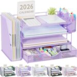 gianotter Desk Organizers and Accessories with File Holder, 4-Tier Desk Accessories & Workspace Organizers with Drawer and 2 Pen Holder, Paper Organizer for Office Supplies (Purple) - Image 2