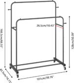 Laiensia Double Rods Garment Rack with Wheels, Clothing Rack for Hanging Clothes,4 Hooks, Multi-functional Bedroom Clothes Rack, Black - Image 3