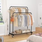 Laiensia Double Rods Garment Rack with Wheels, Clothing Rack for Hanging Clothes,4 Hooks, Multi-functional Bedroom Clothes Rack, Black - Image 5