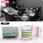 Desk Organizer with Drawer and Pen Holder, 5-Tier Paper Letter Tray Organizer with File Holder, Suitable for Workspace Organizer Office Supplies Storage (Pink) - Image 3