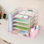 Desk Organizer with Drawer and Pen Holder, 5-Tier Paper Letter Tray Organizer with File Holder, Suitable for Workspace Organizer Office Supplies Storage (Pink) - Image 4