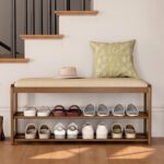 2-Tier Bamboo Shoe Bench with Cushion and Hidden Drawer, Entryway Shoe Rack Organizer with Storage for Hallway, Bedroom, Front Door, Mudroom Seating Bench, Walnut - Image 4