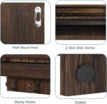 BTY Mail Holder for Wall, Wooden Mail Sorter with 4 Key Hooks, 2 Slot Wall Mounted Mail Sorter Letter Bills Newspaper Magazine Organizer for Entryroom Hallway Office Garage, Rustic Brown - Image 5