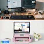 Desk Organizer and Accessories, 2-Tier Computer Monitor Stand Rise with Storage Drawer & 2 Pen Holders, Laptop & Printer Stand for Desktop, Workspace Organizers for Office Supplies (Pink) - Image 3