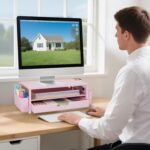 Desk Organizer and Accessories, 2-Tier Computer Monitor Stand Rise with Storage Drawer & 2 Pen Holders, Laptop & Printer Stand for Desktop, Workspace Organizers for Office Supplies (Pink) - Image 4