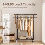 Clothes Rack, Double Rods Rolling Clothing Rack for Hanging Clothes, Portable Garment Rack with Wheels, Coat Rack Wardrobe Closet Load 240 LBS for Bedroom Laundry Room, Black - Image 3