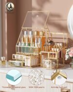 Clear Makeup Organizer with Gold Frame – Countertop Vanity Organizer for Skincare, Lipsticks, Perfume & Brushes – Bathroom Cosmetic Storage Display Box - Image 3