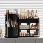Makeup Organizer with Rotating Brush Holder Cosmetic Organizer with Drawers Countertop Skincare Organizer for Vanity,Cosmetic Display Case Storage (Black, Large) - Image 3