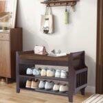 Bamboo Shoe Bench Entryway with Storage, Removable Cushion, 2-Tier Shoe Rack, 30.9" x 11.6" x 19.5" - Image 3