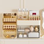 Makeup Organizer with Brush Holder for Vanity,Countertop Makeup Organizer with Drawers,Spacious Cosmetic Display Case,Perfect Storage Solution for Your Beauty Essential (Cream, Large) - Image 3