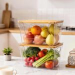 Criusia 2 Set Pantry Organizers and Storage with Bamboo Lids, Stackable Clear Bins for Onion, Potato, Fruit, Vegetables, Trash Bag Dispenser, Kitchen and Under Sink Organizer - Image 4