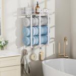 Ovicar Towel Racks for Bathroom - Wall Mounted Towel Rack with Metal Shelf & 3 Hooks, 3 Bars Wall Towel Holder for Small Bathroom, Bath Towel Storage for Rolled Towels Organizer (White) - Image 3