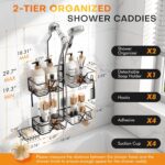 Aeocidy Adjustable Height Shower Caddy Hanging for Handheld Shower Heads, Shower Racks with Soap Holder 8 Hooks, No-Drilling, Anti-Swing, Bathroom Storage Shower Organizer - Image 3