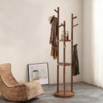 Solid Wood Rotary Coat Rack with 3 Shelves and 9 Hooks, Freestanding Coat Rack,Coat Hanger Stand for Bedroom, Entryway, Livingroom, - Image 3