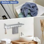 LANMEL 24 Inch Towel Racks for Bathroom Wall Mounted, Foldable Towel Rack with Shelf, Towel Storage Organizer with Movable 5 Hooks for Bathroom Lavatory - Image 4