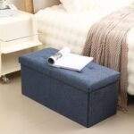 CUYOCA Storage Ottoman Bench Foldable Seat Footrest Shoe Bench End of Bed Storage with Flipping Lid, 75L Storage Space, 30 inches Linen Fabric Navy - Image 3