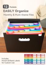 SortRax Accordion File Organizer 12 Pockets, Monthly Bill Receipt Tax Organizer, Expanding File Folders with Larger Bright Tabs, Fits Letter/A4 Size - Black - Image 3