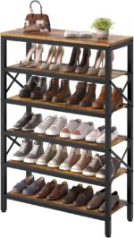 YATINEY 6-Tier Tall Shoe Rack Organizer, Wooden Shoe Storage for Closet Holds 24 Pairs, Sturdy Shoe Shelf with X-Shaped Metal Support, for Entryway, Bedroom, Rustic Brown and Black SS206BR - Image 5