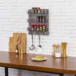 MyGift 3 Tier Spice Rack Wall Mount with 6 Hooks, Seasoning Jars and Hanging Cooking Utensil Rack, Black Metal Wire Kitchen Organizer Torched Wood - Image 3