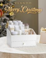 Vlando Makeup Organzier,Vanity Organizer with Drawers, PU Leather Skincare Organizer Perfume Organizer,Large Cosmetic Display Case for Lipstick,Brushes Gifts for Women-White - Image 3