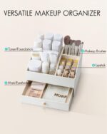 Vlando Makeup Organzier,Vanity Organizer with Drawers, PU Leather Skincare Organizer Perfume Organizer,Large Cosmetic Display Case for Lipstick,Brushes Gifts for Women-White - Image 4
