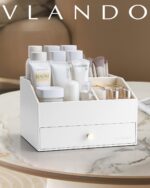 Vlando Makeup Organzier,Vanity Organizer with Drawers, PU Leather Skincare Organizer Perfume Organizer,Large Cosmetic Display Case for Lipstick,Brushes Gifts for Women-White - Image 5