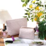 2 Pcs Makeup Bag Set Cute Cosmetic Pouch for Women Seersucker Travel Toiletry Bag Preppy Small Makeup Purse Pouch Aesthetic Skincare Brushes Storage Organizer for Valentine Women(Khaki) - Image 4