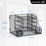 SUPEASY 5-Tier Mesh Desk Organizer with File Holder & Bookends, Metal Paper Letter Tray Organizer with 2 Pen Cups, Large-Capacity Desktop File Sorter for Home Office/School, Black - Image 4