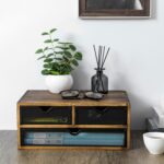 MyGift Rustic Burnt Brown Solid Wood Desktop Organizer Box with 3 Removable Black Metal Mesh Trays, Office Desk Supplies Storage Drawers for Accessories - Image 3