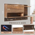 Magnetic Mail and Key Holder for Wall Fridge Wooden Mail Organizer with 4 Key Hooks Multi Functional Rack Farmhouse Style Burnt Brown for Entryway Hallway Bedroom Refrigerator - Image 3