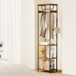 Coat Rack With Hanging Rod, Garment Rack With 3 Wooden Shelves and 4 Hooks, Freestanding Hall Tree, Industrial Clothes Rack Stand Organizer, Rustic Brown and Black - Image 3