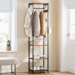 Coat Rack With Hanging Rod, Garment Rack With 3 Wooden Shelves and 4 Hooks, Freestanding Hall Tree, Industrial Clothes Rack Stand Organizer, Rustic Brown and Black - Image 4