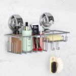 Suction Cup Shower Shelf, Shower Caddy Soap Dish with Hooks for Sponge, Rust Proof 304 Stainless Steel, Silver - Image 4