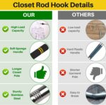 Clothes Hook Pole Heavy Duty, 36" to 65" Long Research Pole with Hook Sponge Long Handle Telescoping Pole Stainless Steel Tube S Hook Closet for Reaching Extending Rod Hang High Area Top - Image 4