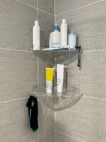 JiePai Acrylic Corner Shower Caddy Shelf with Hooks 2 Pack, Adhesive Wall Mounted Bathroom Shower Organizer for Inside Shower & Kitchen Storage, Space-Saving Design - Image 3