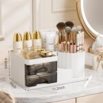 Makeup Organizer for Vanity with 2 Drawers,Countertop Rotating Makeup Brush Holder,Bathroom Organizer Holder,Cosmetic Display Case for Lipstick,Beauty,Skincare Organizer (White) - Image 4