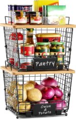 2 Set Large Stackable Wire Basket with Bamboo Tops & Tag- Pantry Organizer and Storage Bins, Kitchen Counter Cabinet Shelf Countertop Under Sink Organizing for Food Snack Produce Onion Potato Bread - Image 2
