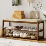 2-Tier Bamboo Shoe Bench with Cushion and Hidden Drawer, Entryway Shoe Rack Organizer with Storage for Hallway, Bedroom, Front Door, Mudroom Seating Bench, Walnut - Image 2