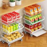 3-Tier Rolling Pantry Cart with Wheels, Stackable Wire Storage Floor Organizer for Kitchen Pantry Snack Shelves, Fruit Basket Stand, Vegetable Storage Rack for Food Snacks Onion Potato, White - Image 2
