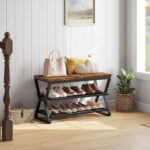 3-Tier Shoe Storage Bench, Entryway Bench with Storage, X-Shaped Shoe Rack Bench with Sitting, Wooden Bench Indoor, for Entrance, Foyer, Living Room, Bedroom, Rustic Brown and Black THX03BF - Image 2