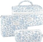 3Pcs Makeup Bag Quilted Cosmetic Bag Set Bow Travel Large Makeup Pouch for Women Cute Portable Cotton Toiletry Bag Skincare Organizer Coquette Vintage Travel Essential - Image 2