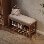 AQIMUELE Shoe Bench Entryway with Cushion, Solid Wood Bench with Shoe Storage, 2-Tier Shoe Rack Bench for Entryway,Hallway (Gray) - Image 2