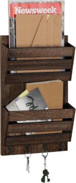 BTY Mail Holder for Wall, Wooden Mail Sorter with 4 Key Hooks, 2 Slot Wall Mounted Mail Sorter Letter Bills Newspaper Magazine Organizer for Entryroom Hallway Office Garage, Rustic Brown - Image 2