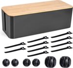 Cable Management Box - Wooden Style Large Cord Organizer to Hide Wires & Power Strips | Desk Computer Cable Organizer | Safe ABS Material | 16" (L) x 6.2" (W) 5.3" (H) | for Home & Office - Black - Image 2